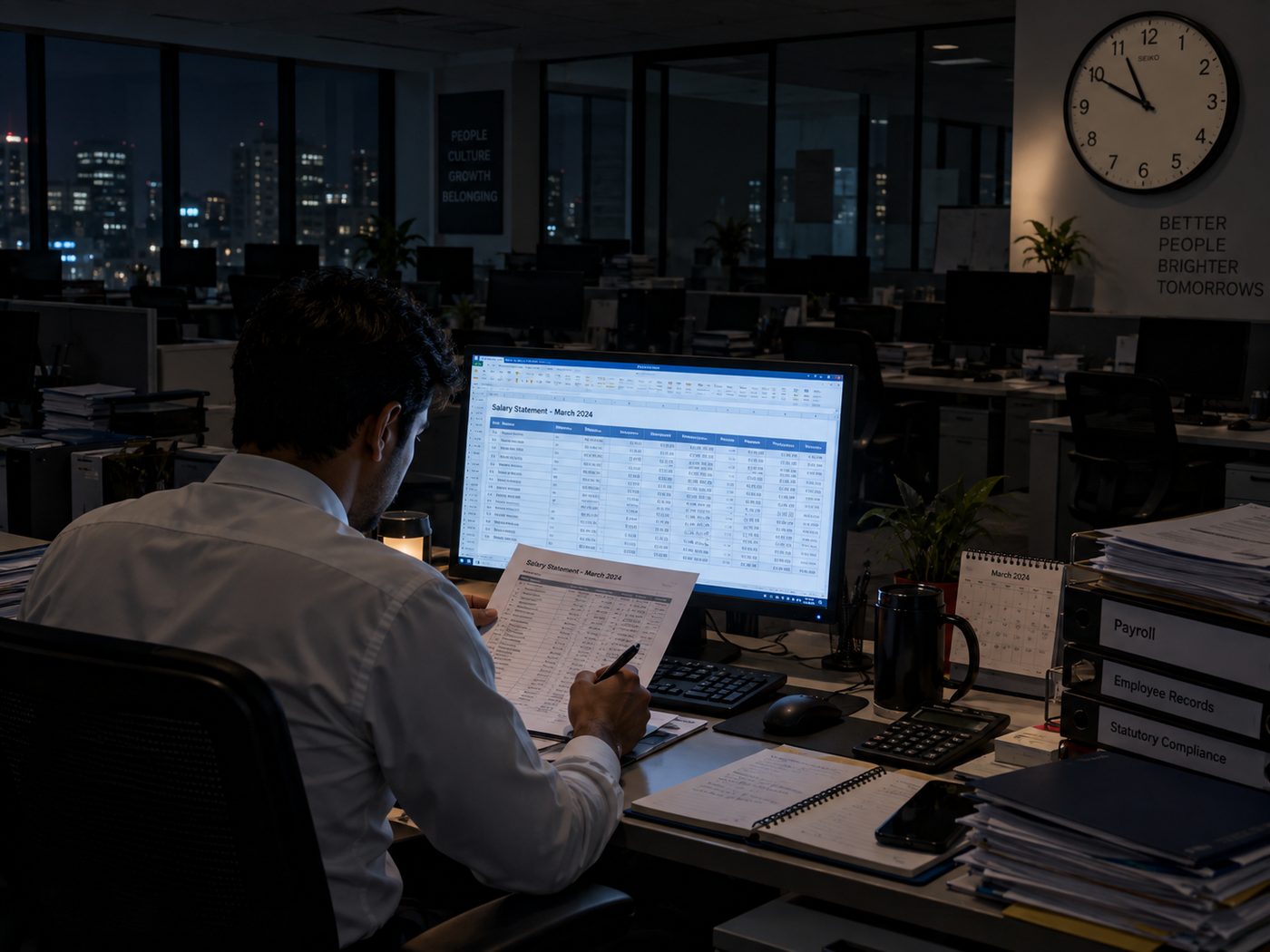 A payroll officer working alone in a darkened office at night, checking a printed salary statement line by line against a spreadsheet on screen