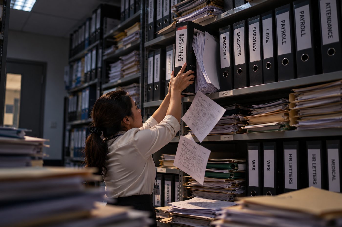 An HR officer reaching into a dense archive of lever-arch files labelled payroll, attendance and employee records, loose pages slipping out as she pulls one down